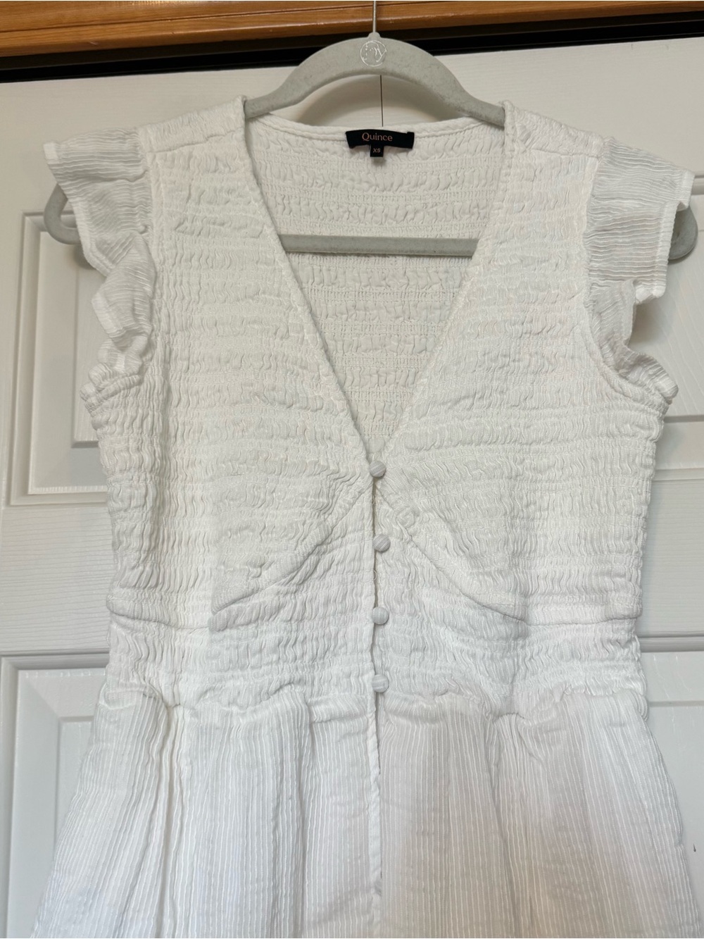 Quince Organic Textured Cotton Smocked V-Neck Midi Dress White XS - Picture 7 of 14